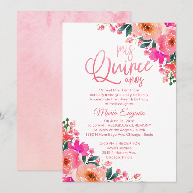 Quinceanera-inbjudningar Hetrosa Blommig Inbjudningar (Fram/baksida)