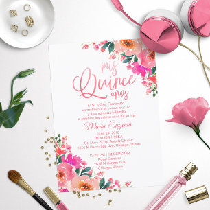 Quinceanera-inbjudningar Spanska Hetrosa Blommig Inbjudningar