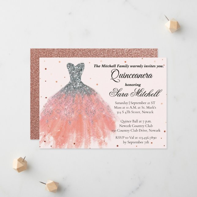 Quinceanera Invitation, Birthday Invite for sweet Meddelande (Fram/Back In Situ)