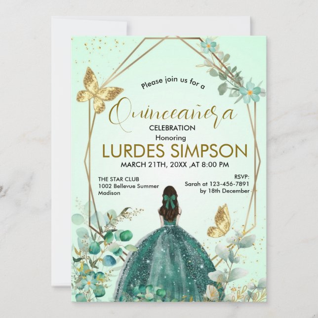  Quinceañera invitation Butterfly Green & Gold Inbjudningar (Framsida)