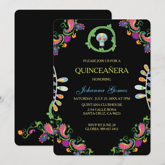 QUINCEAÑERA INVITATION DIA DE LOS MUERTOS INBJUDNINGAR (Fram/baksida)