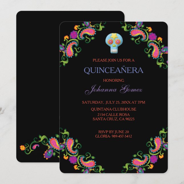 QUINCEAÑERA INVITATION DIA DE LOS MUERTOS INBJUDNINGAR (Fram/baksida)