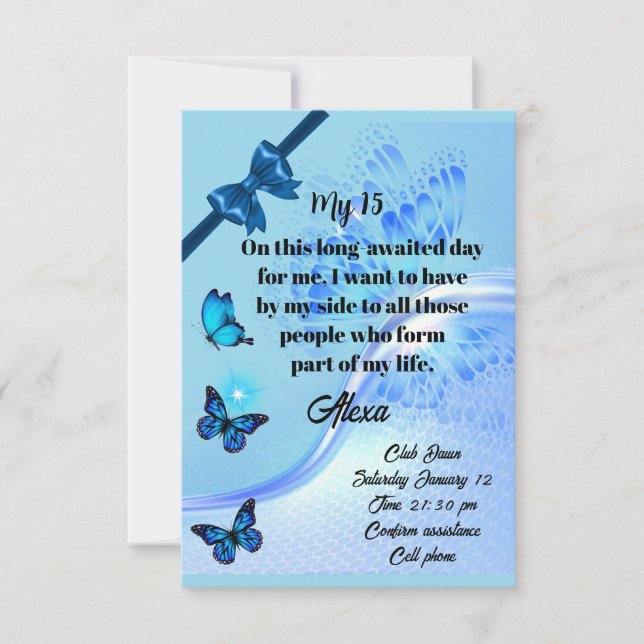 Quinceanera invitation digital butterfly blue inbjudningar (Framsida)