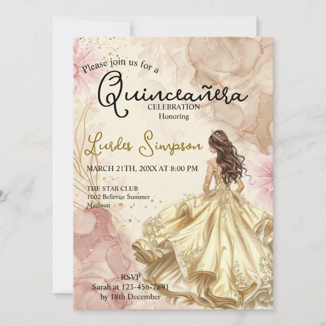  Quinceañera invitation Elegant Gold Rose Inbjudningar (Framsida)