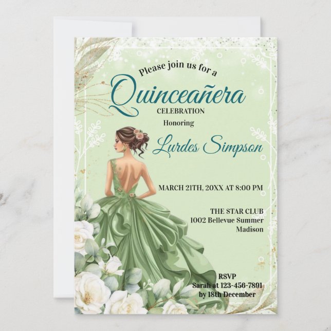  Quinceañera invitation Elegant Green Inbjudningar (Framsida)