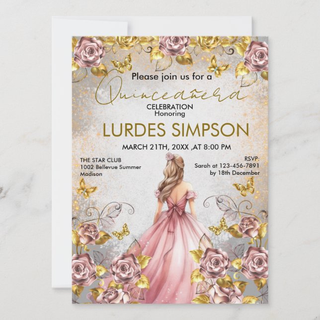  Quinceañera invitation Floral Gold Inbjudningar (Framsida)