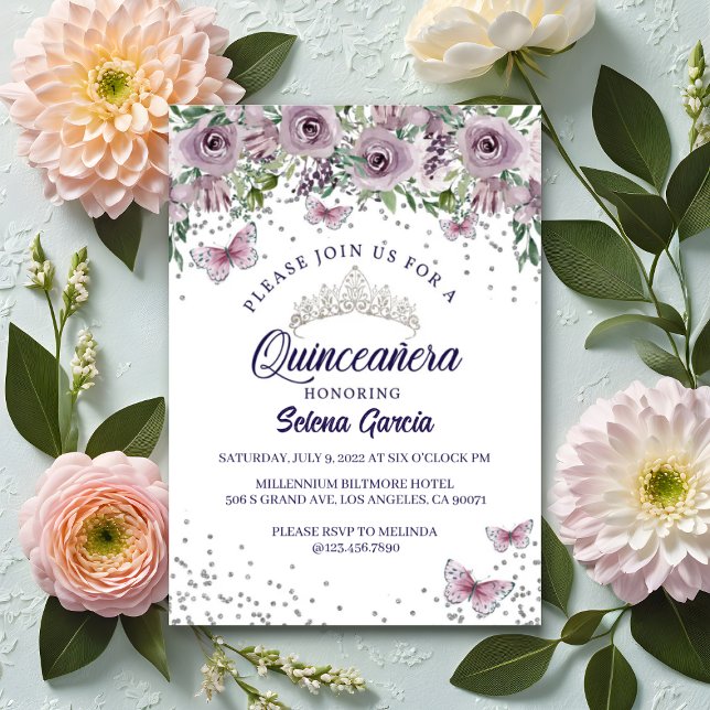 Quinceañera Invitation – Purple Floral & Butterfly Inbjudningar (Skapare uppladdad)