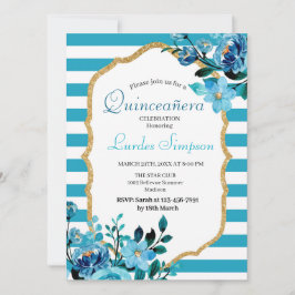  Quinceañera invitation Stripe Floral Blue Inbjudningar