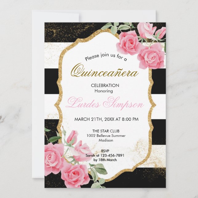  Quinceañera invitation Stripe Floral Inbjudningar (Framsida)