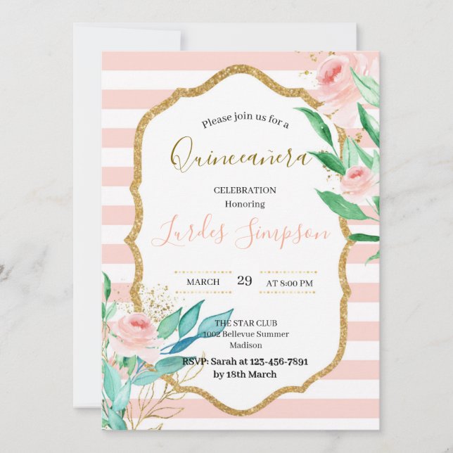  Quinceañera invitation Stripe Floral Pink Inbjudningar (Framsida)