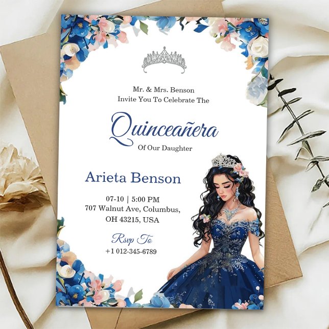 Quinceañera invitation with blue floral accents inbjudningar (Skapare uppladdad)