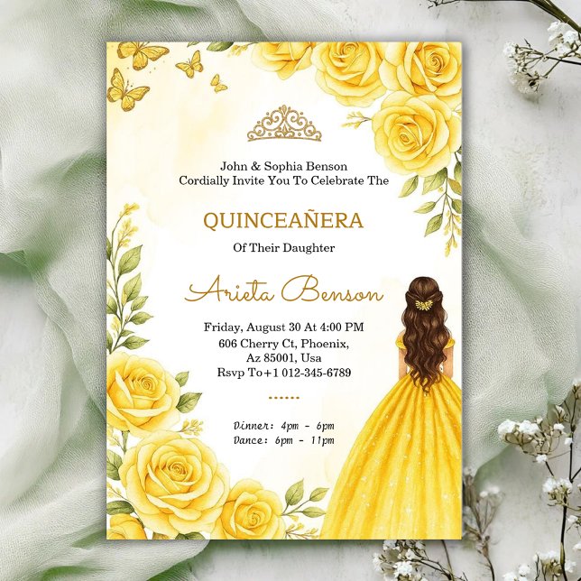 Quinceañera invitation with elegant yellow roses  inbjudningar (Skapare uppladdad)