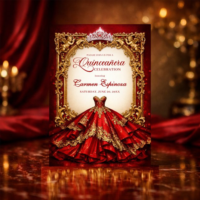 Quinceañera Invitations Red & Gold Royal Ball Gown Inbjudningar (Skapare uppladdad)
