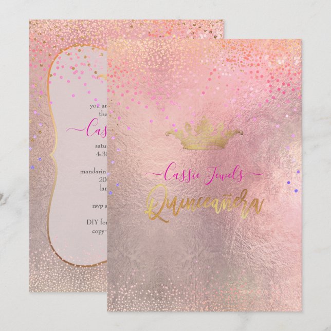 Quinceanera Iridescent Confetti+Princess Krona Inbjudningar (Fram/baksida)