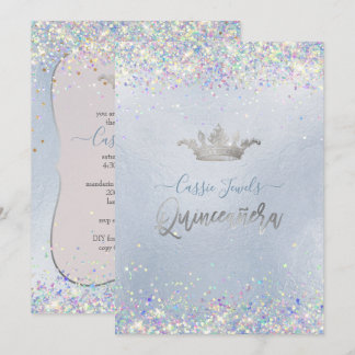 Quinceanera Iridescent Konfetti+Prinsessakrona Inbjudningar