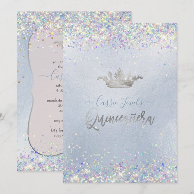 Quinceanera Iridescent Konfetti+Prinsessakrona Inbjudningar (Fram/baksida)