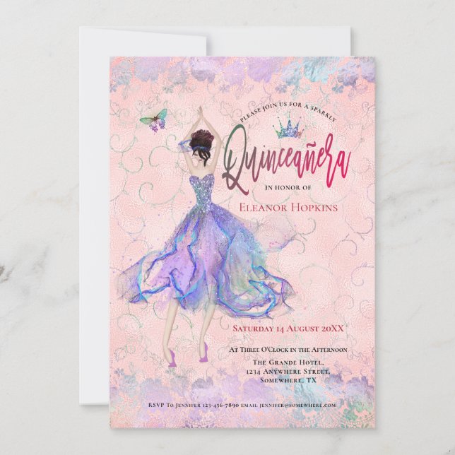 Quinceanera Iridescent  Rosa Dancing Girl Inbjudningar (Framsida)