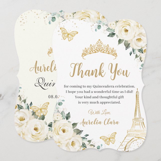 Quinceañera Ivory Blommigt Paris Eiffel Sweet 16 Tack Kort (Fram/baksida)