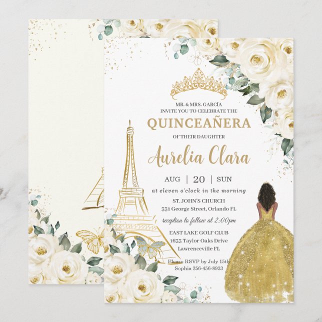 Quinceañera Ivory Blommigt Paris Guld Brown Prince Inbjudningar (Fram/baksida)