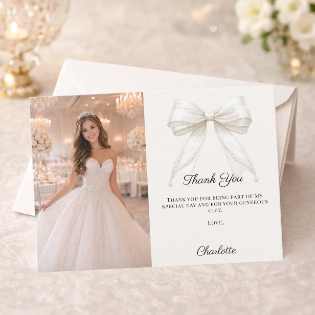 Quinceanera Ivory bow photo pearls elegant Tack Kort (Skapare uppladdad)