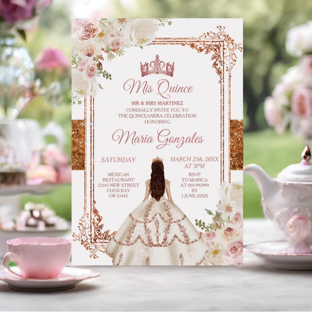 Quinceanera Ivory Cooper Blommigt Birthday Krona Inbjudningar (Skapare uppladdad)