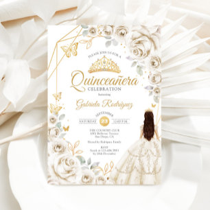 Quinceanera Ivory Guld Cream Guld Blommigt Dress Inbjudningar