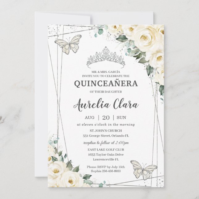 Quinceañera Ivory White Blommigt Butterflies Krona Inbjudningar (Framsida)