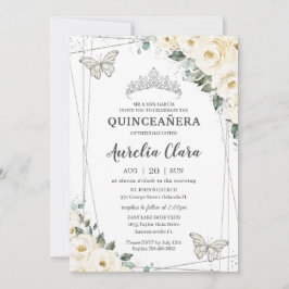 Quinceañera Ivory White Blommigt Butterflies Krona Inbjudningar