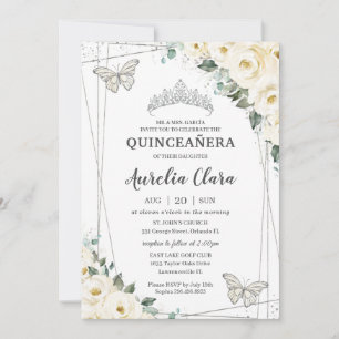 Quinceañera Ivory White Blommigt Butterflies Krona Inbjudningar
