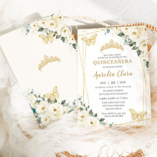 Quinceañera Ivory White Blommigt Butterflies Krona Inbjudningar
