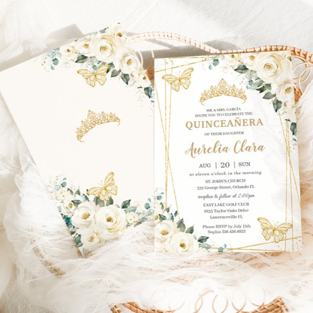 Quinceañera Ivory White Blommigt Butterflies Krona Inbjudningar (Skapare uppladdad)
