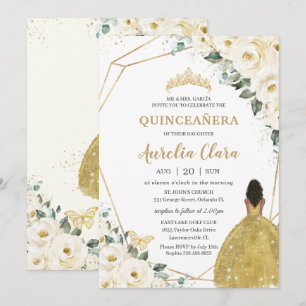 Quinceañera Ivory White Blommigt Guld Brown Prince Inbjudningar