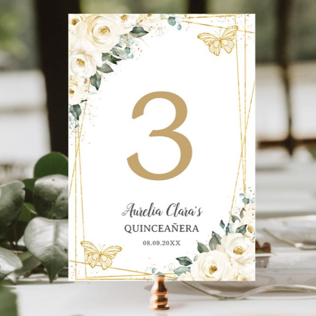 Quinceañera Ivory White Blommigt Guld Butterflies Bordsnummer (Skapare uppladdad)