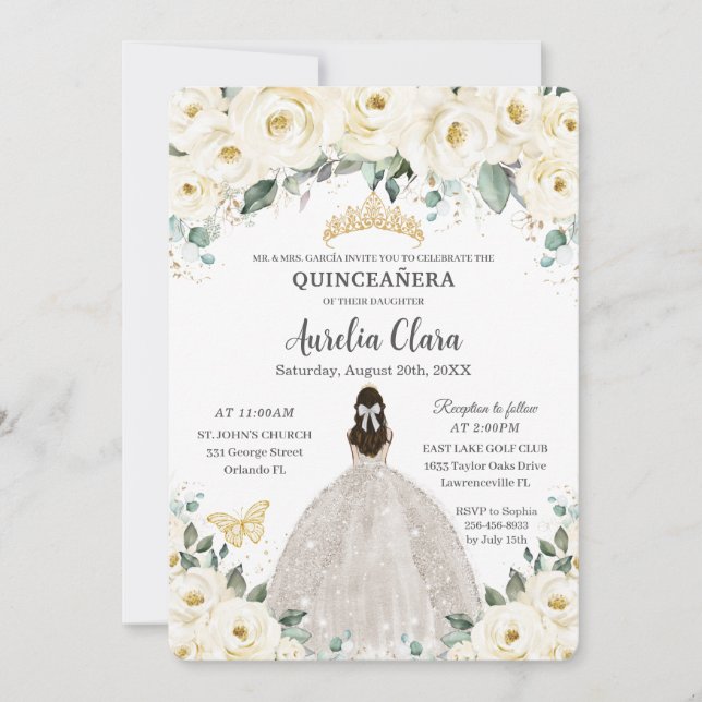 Quinceañera Ivory White Blommigt Guld Tiara Dress Inbjudningar (Framsida)