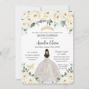 Quinceañera Ivory White Blommigt Guld Tiara Dress Inbjudningar