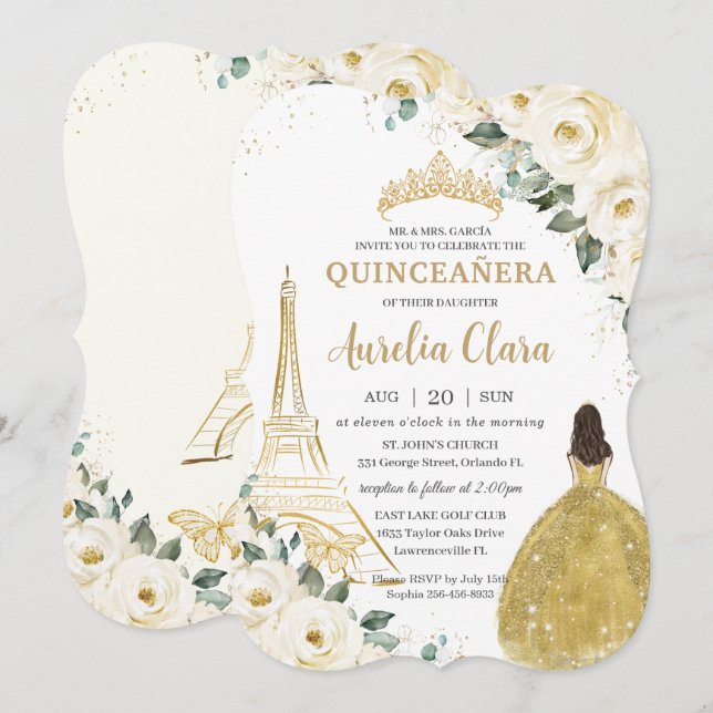 Quinceañera Ivory White Blommigt Paris Guld Prince Inbjudningar (Fram/baksida)