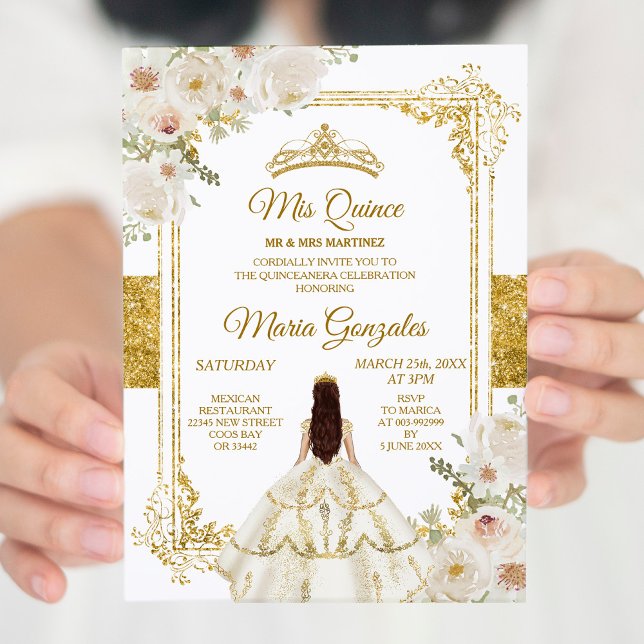 Quinceanera Ivory White Guld Blommigt Birthday Kro Inbjudningar (Skapare uppladdad)