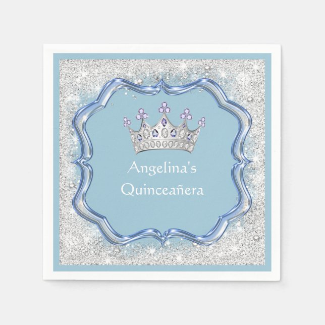 Quinceanera Jeweled Krona, Glass, Silver Glitter Pappersservett (Framsidan)