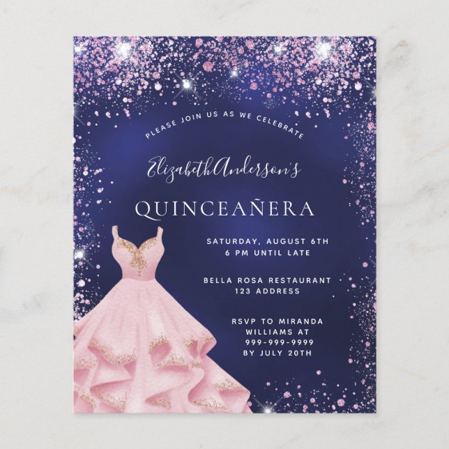 Quinceanera-kallelse för blå rosa (Framsida)