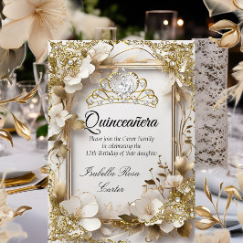 Quinceanera Kräm Blommig Guld Vit Tiaré Fest Inbjudningar