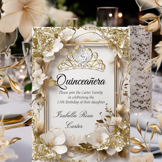 Quinceanera Kräm Blommig Guld Vit Tiaré Fest Inbjudningar (Skapare uppladdad)
