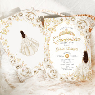 Quinceanera Kräm Guld Blommig Inbjudningar