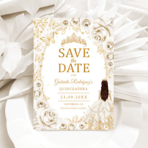 Quinceanera Kräm Guld Blommig Spara Datumet