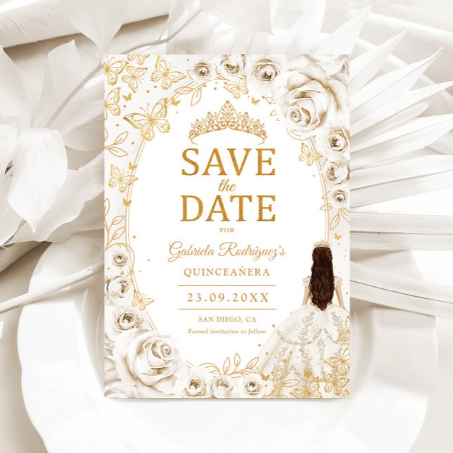 Quinceanera Kräm Guld Blommig Spara Datumet (Skapare uppladdad)
