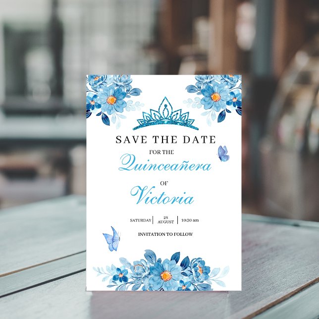 Quinceañera krona Baby blue Blommigt Butterflies Spara Datumet (Skapare uppladdad)