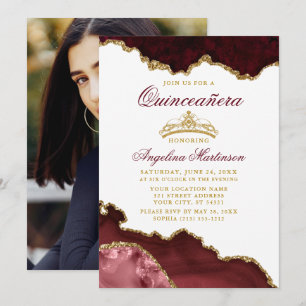 Quinceanera Krona Burgundy Guld Marble Photo Inbjudningar
