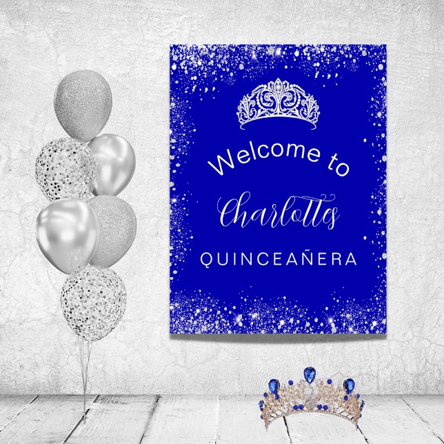 Quinceanera kunglig blå silver glitter välkomstsky poster (Skapare uppladdad)