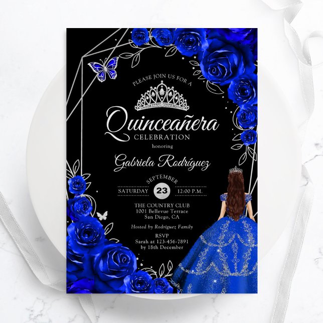 Quinceanera kunglig blå silverklänning Blommig Inbjudningar (Skapare uppladdad)