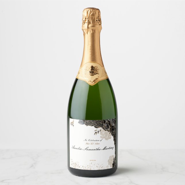 Quinceañera Label Champagne Flaska Black & Guld (Framsida)