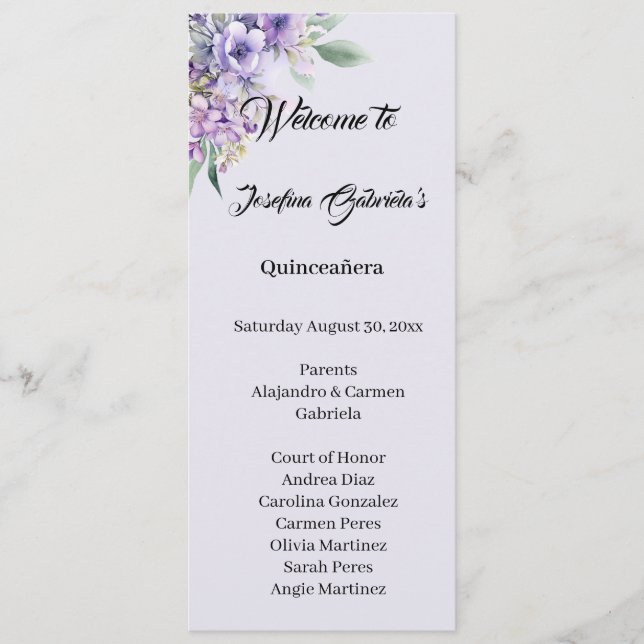 Quinceanera Lavender double side program card  (Framsida)